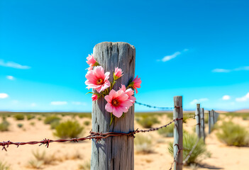 Artificial pink flowers are attached to a weathered wooden fence post with rusty barbed wire in a dry desert landscape under a bright blue sky with scattered distant shrubs