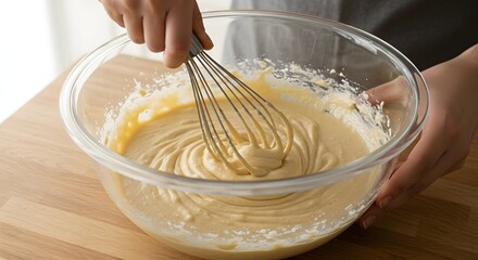 Close-up of hands whisking creamy batter in a clear glass bowl on a wooden kitchen counter, preparing for baking or cooking