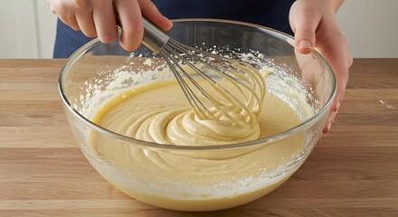 Hands whisking creamy yellow batter in a glass bowl on a wooden kitchen counter, preparing for baking delicious cakes or pastries.