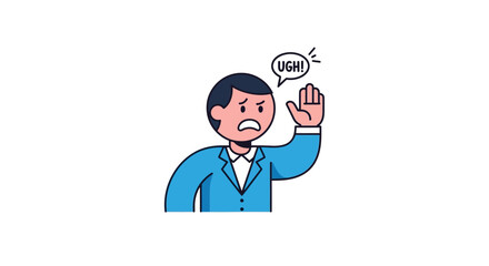 Man expressing disapproval with hand up and 'ugh' bubble, isolated illustration