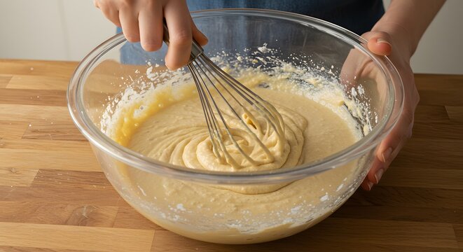 Hands whisking creamy batter in a clear glass bowl on a wooden kitchen countertop, preparing ingredients for baking