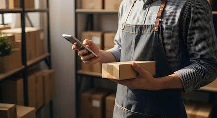 E-commerce worker preparing online order for delivery