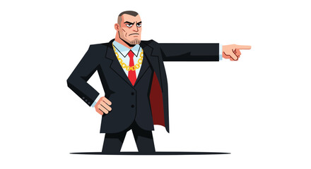 Stern cartoon boss gesturing decisively in suit and gold chain leader