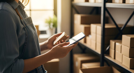 Warehouse manager using smartphone for inventory check