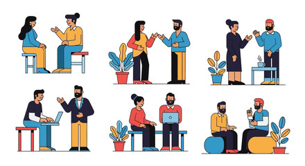 Fototapeta premium Diverse people meeting and collaborating in various work scenarios illustration