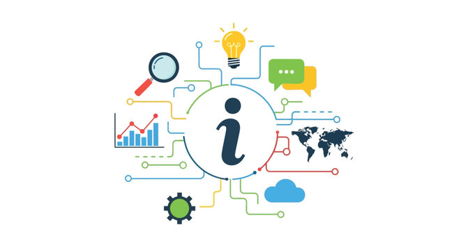Information hub illustration with global data and analytics concept