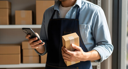 Small business owner using a phone to manage orders
