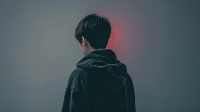 Young Man Wearing Dark Hoodie Standing in Dim Gray Environment with Red Light Behind Head
