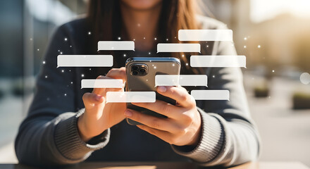 Woman using smartphone with chat bubbles for texting