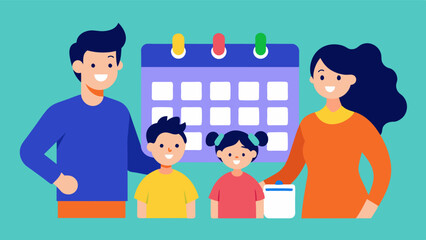 A family using a smart calendar to manage their schedules and set reminders for important events reducing stress and improving overall mental wellbeing.. Vector illustration