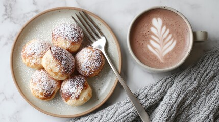 Cozy winter treat: mini pancakes dusted with sugar, served alongside a warm coffee with latte art.
