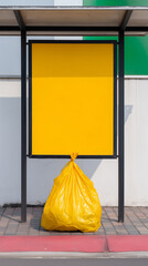 Yellow garbage bag in front of blank yellow sign at urban bus stop. Advertising mockup with copy space. Mardi Gras celebration cleanup and waste management concept