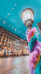 Mardi Gras decorations on a city street lamp at night. Colorful feather boas and beads for an urban festival. Holiday travel and tourism concept