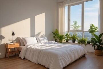 Naklejka premium A bright and modern bedroom interior featuring a comfortable bed with white bedding, plants by the window, and sunlight streaming in, creating a cozy and inviting atmosphere. Perfect for illustrating