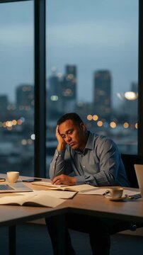 Exhausted middle-aged man, possibly Hispanic or mixed-race, working late at night in a modern office, feeling overwhelmed and stressed with city lights visible outside the window.