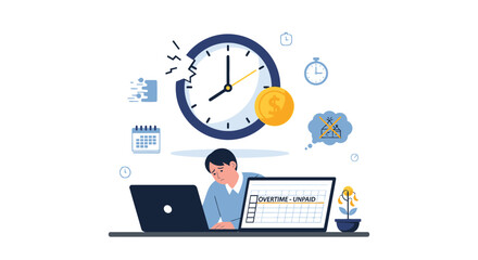 Unpaid Overtime: A Depiction of Stressed Employee with Time Pressure