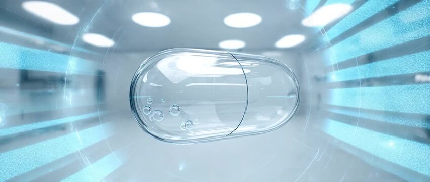 Transparent capsule in futuristic laboratory environment with modern lighting