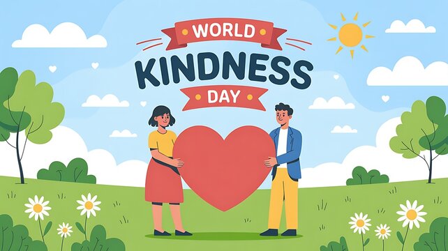 Celebrating world kindness day with a heartwarming illustration of people showing love and compassion, spreading joy and positivity across the globe