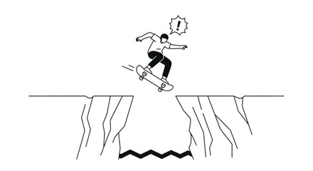 Skateboarder Jumping Over a Chasm, Risk Taking in Monochrome Illustration