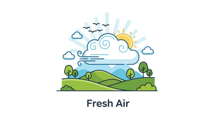 Illustration showcasing serene landscape with gentle wind blowing clouds