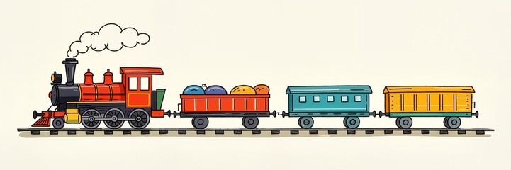 Illustration of a colorful toy train with linked carriages, minimalistic background, playful concept for children’s products and educational toys.