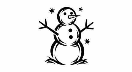 Christmas illustration of a snowman with stick arms and carrot nose surrounded by stars in black and white
