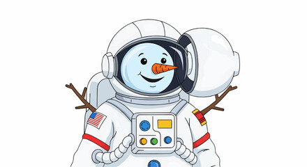 Christmas illustration of a snowman wearing an astronaut suit with a carrot nose and branch arms on white