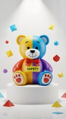 Colorful teddy bear sitting on a white pedestal with geometric shapes, under soft spotlight, promotional and safety concept