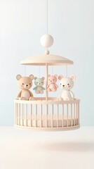 Pastel 3D rendered baby crib mobile with cute animal figures, minimalistic design, soothing colors, soft gradient background, nursery decor and baby care concept.