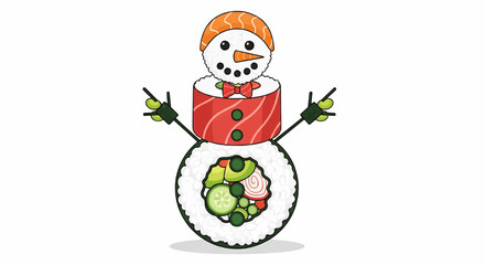 Christmas sushi snowman with salmon hat and cucumber carrot nose stands on a white background art illustration