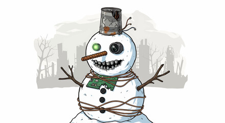 Christmas a whimsical post apocalyptic snowman with circuit boards and a can hat stands against ruins
