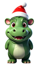 A cheerful green cartoon dinosaur is festively dressed in a red and white Santa hat, beaming with holiday cheer.