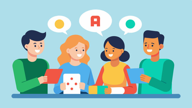 A group of friends playing a word association game where they have to quickly recall words based on a given theme. This game not only improves their memory retrieval but also their. Vector