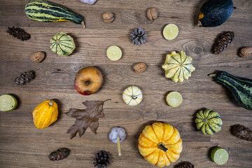 Various coloured Pumpkins. Autumn decorations.