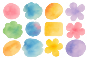 Watercolor shapes collection with colorful abstract paint blots and brush strokes, transparent background