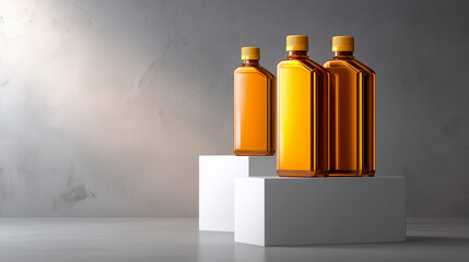 Three oil additive bottles on a minimalist display. Automotive product packaging mock-up with golden liquid. Modern studio background with copy space