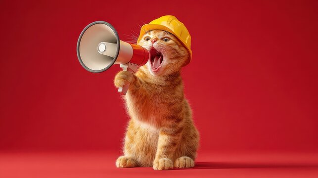 Funny ginger kitten wearing hard hat shouting into megaphone on red background