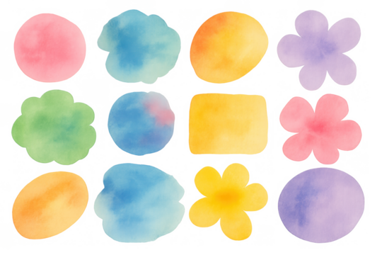 Watercolor shapes collection with colorful abstract paint blots and brush strokes, transparent background