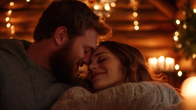 Couple embracing intimately in a warm cozy winter cabin