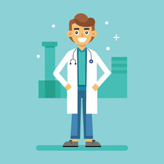 An illustration of a doctor standing in a lab coat and holding a stethoscope