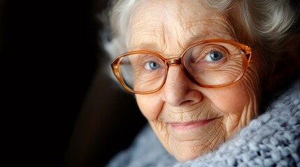 Elderly woman wearing glasses, smiling and showing wisdom