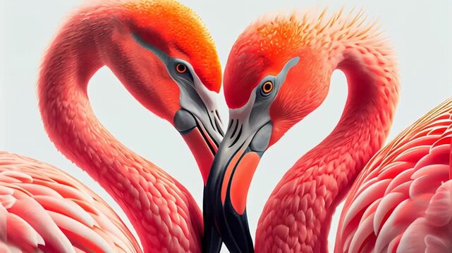 Animales y aves silvestres. Flamencos rojos bes&aacute;ndose formando un coraz&oacute;n sobre un fondo blanco.