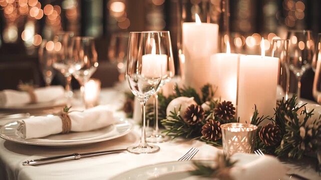 Mesa de restaurante elegante y selecta.
Mesa decorada para Navidad y A&ntilde;o Nuevo. Luz tenue y ambiente rom&aacute;ntico.