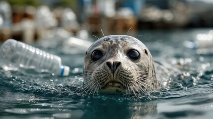 Seal swimming amidst plastic pollution in ocean highlighting environmental conservation and wildlife protection efforts