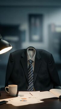 An empty business suit and striped tie sits on an office chair at a desk with papers and coffee, symbolizing an invisible or absent employee.