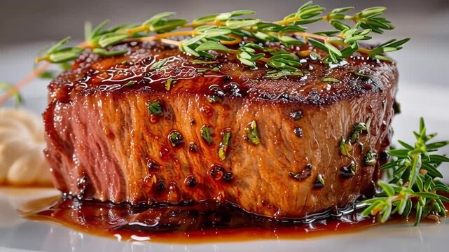 Jugoso filete con tomillo y pimienta. Medallones o lonchas de solomillo de res sobre fondo blanco.