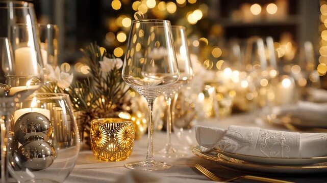 Mesa de restaurante elegante y selecta.
Mesa decorada para Navidad y A&ntilde;o Nuevo. Luz tenue y ambiente rom&aacute;ntico.