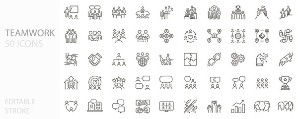 Teamwork and collaboration icon set. Icons for business, teams, leadership, cooperation, partnership, society, work group, communication, and success. Thin line editable stroke vector illustrations