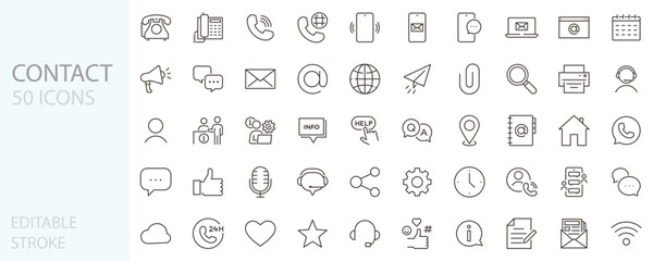 Contact and communication icon set. Icons such as support, phone, email, chat, e-mail, website, info and customer service. Thin line vector illustration editable stroke.