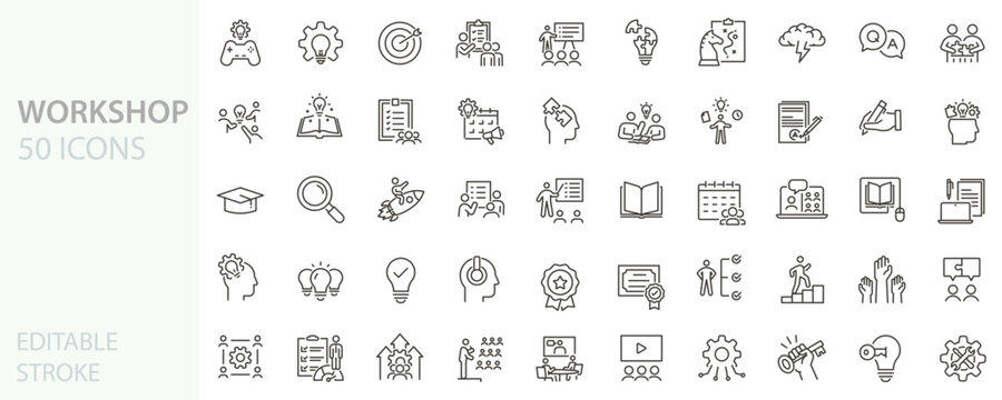 Workshop and training icons set. Thin line editable stroke vector symbols for education, teamwork, brainstorming, learning, and innovation.